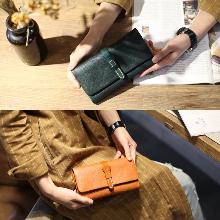 Ginger Yellow Leather Fold Long Wallet for Women
