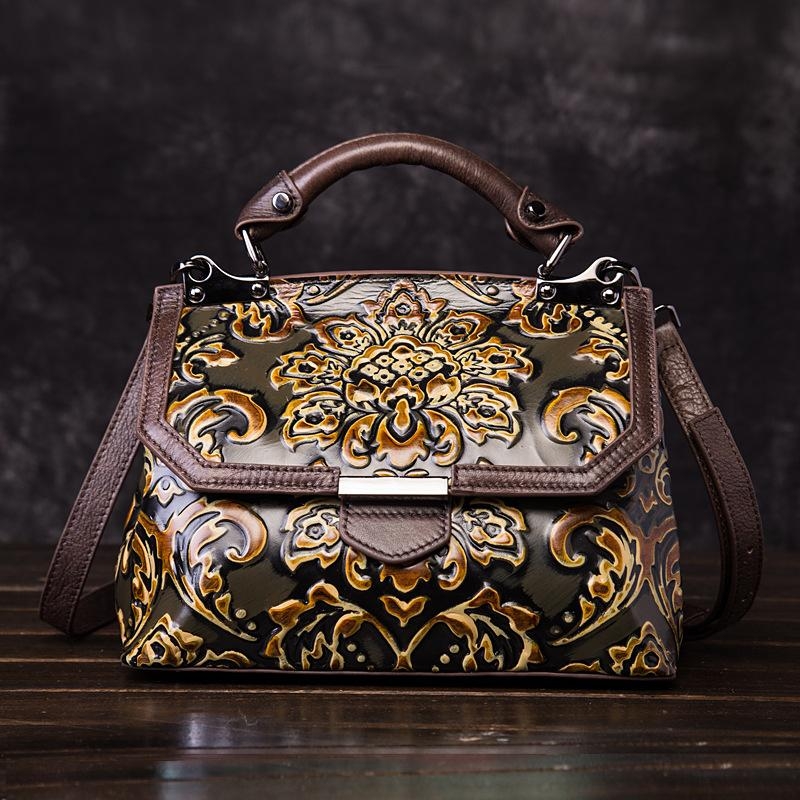 Franches Flowers Embossed Leather Satchel Handbags Brown | Baginning