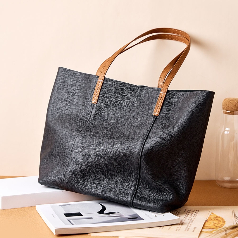 Black Full Grain Leather Big Totes With Inner Pouch Office Handbags