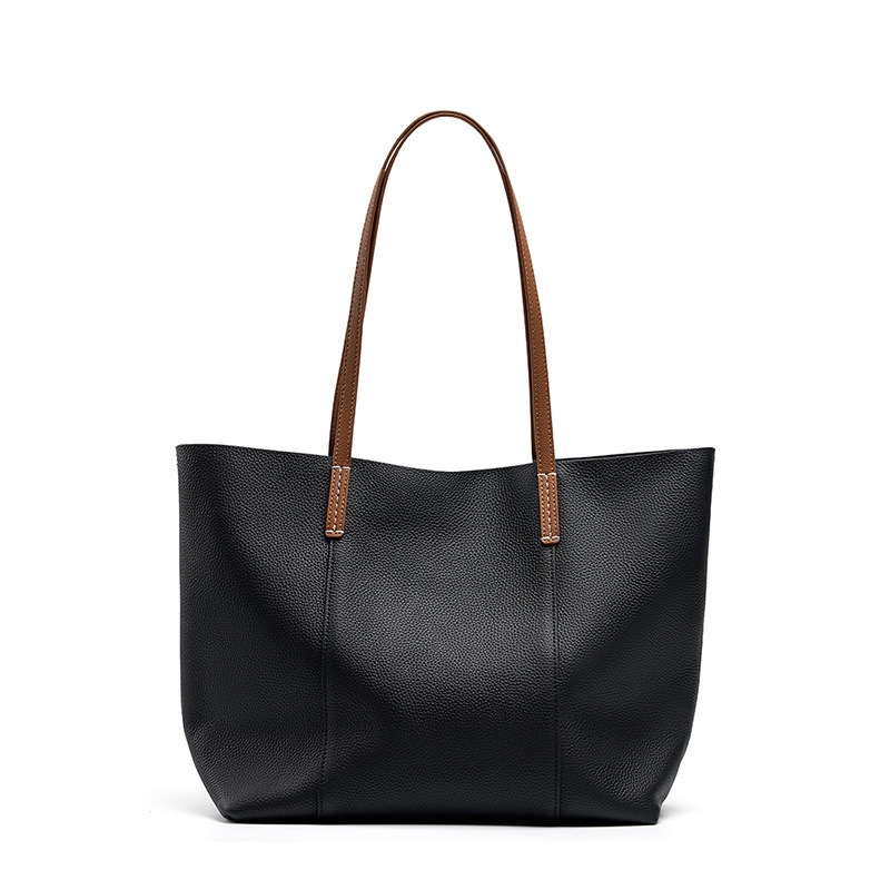 Black Full Grain Leather Big Totes With Inner Pouch Office Handbags