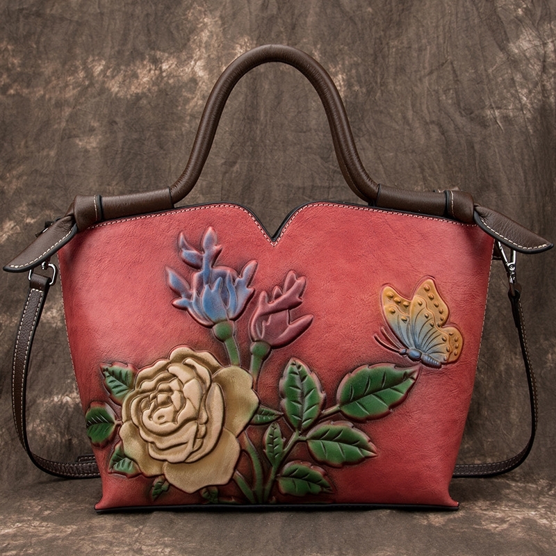 Flower Embossed Bucket Bag With Zipper PU Vintage
