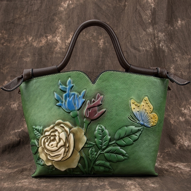 Green Full Grain Leather Flower Embossed Vintage Crossbody Satchel Bags