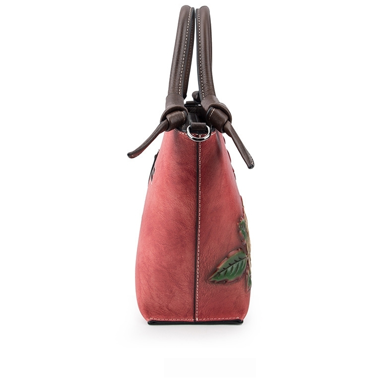 Red Flower Embossed Leather Crossbody Satchel Bag