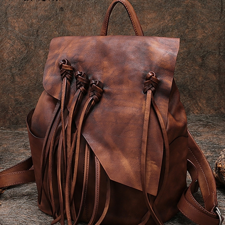 Brown Full Grain Leather Tassel Backpacks Vintage Top Handle Large Backpacks