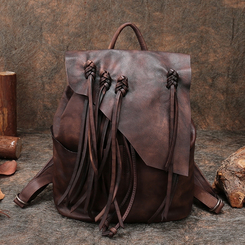 Brown Full Grain Leather Tassel Backpacks Vintage Top Handle Large Backpacks