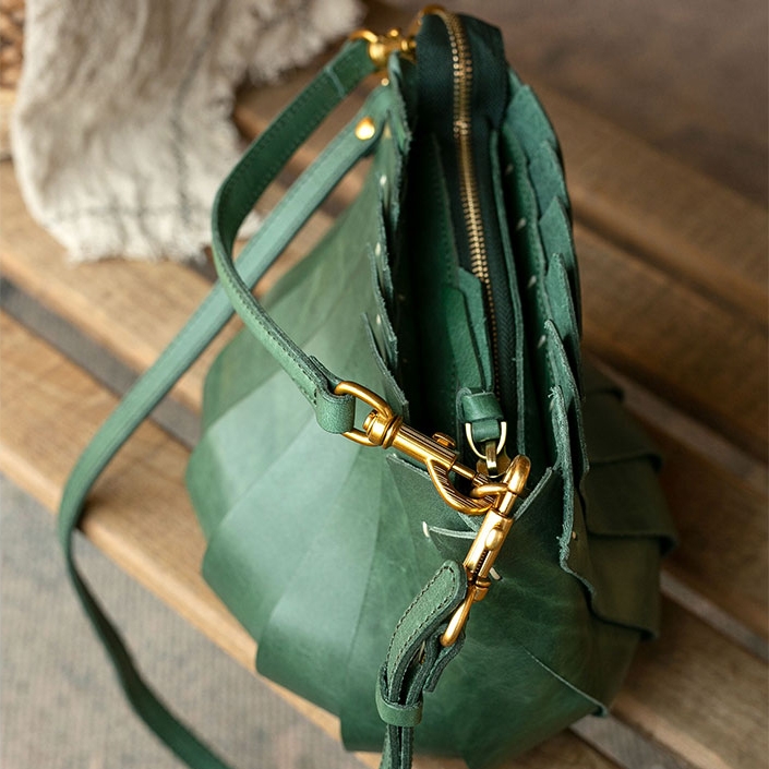 Green Full Grain Leather Zip Ruffle Crossbody Bucket Bag with Top