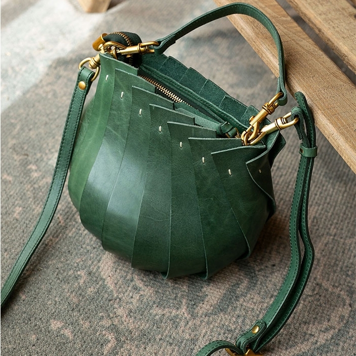 Green Full Grain Leather Zip Ruffle Crossbody Bucket Bag with Top Handle