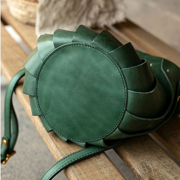 Green Full Grain Leather Zip Ruffle Crossbody Bucket Bag with Top