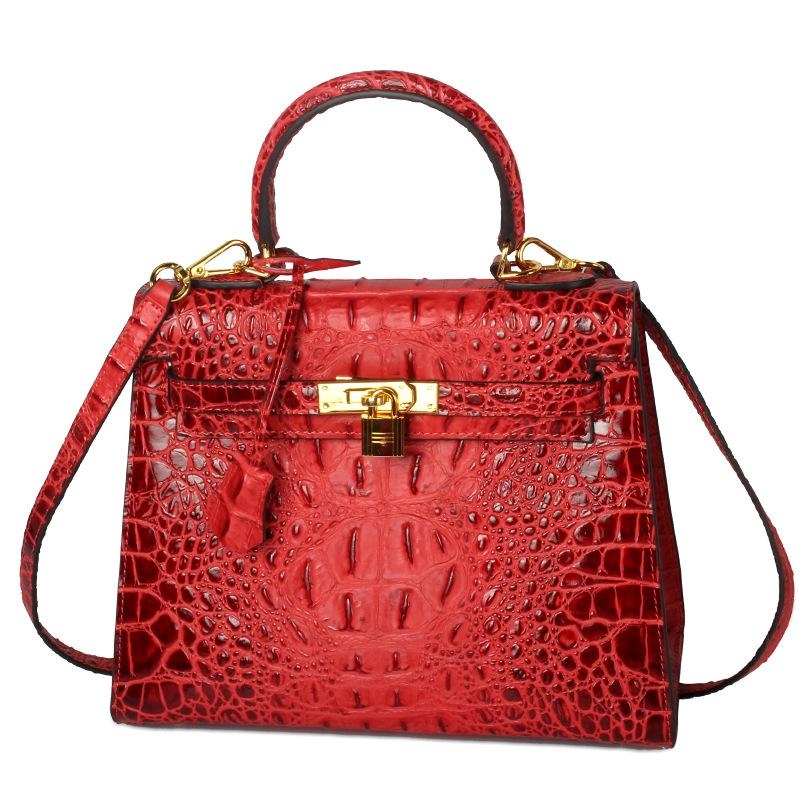 Beige Croc-Effect Leather Handbags Lock Satchel Handbags | Baginning