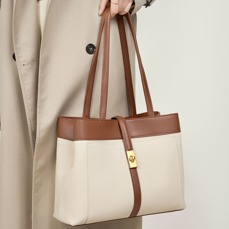 Beige&Brown Genuine Leather Big Totes Twist Lock Handbags For Work
