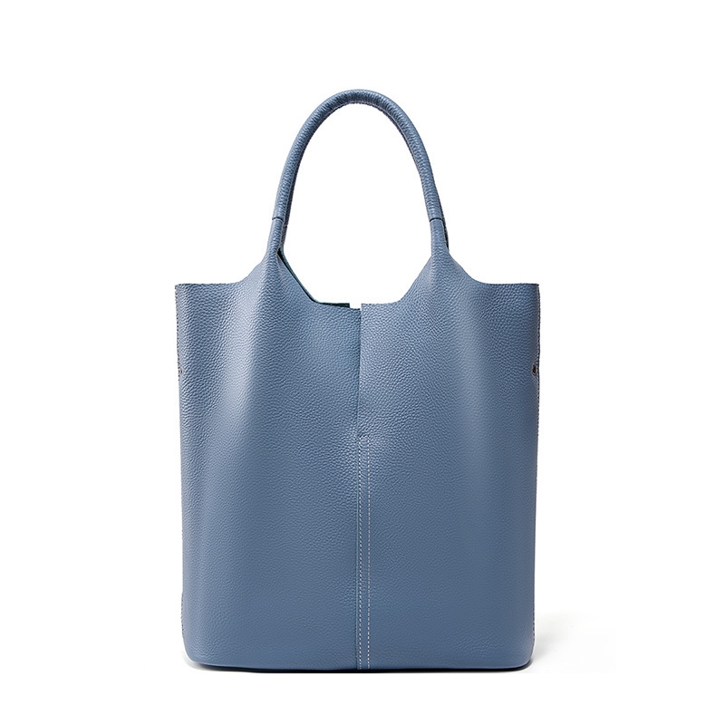 Blue Genuine Leather Bucket Bag Tote Handbags With Inner Pouch