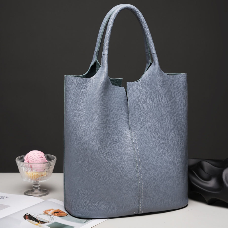 Blue Genuine Leather Bucket Bag Tote Handbags With Inner Pouch