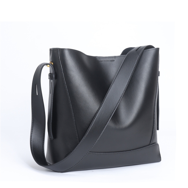Black Genuine Leather Bucket Bag Wide Strap Crossbody Handbags