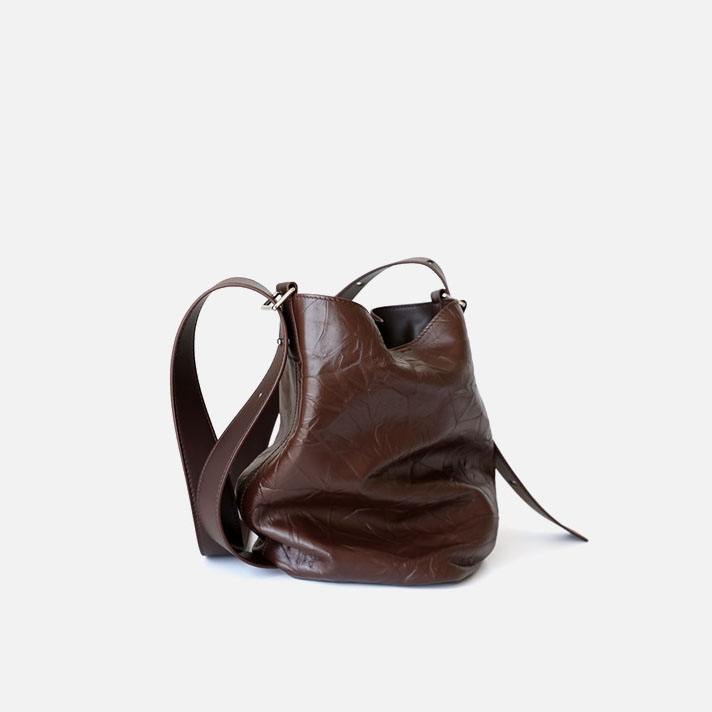 Dark Brown Genuine Leather Bucket Bag Wide Strap Retro Plisse Bags