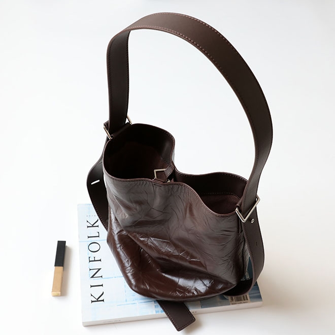 Dark Brown Genuine Leather Bucket Bag Wide Strap Retro Plisse Bags