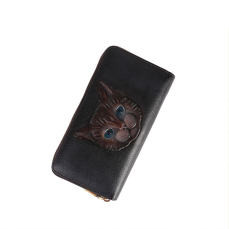 Black Genuine Leather Cat Printed Long Zip Wallet Carder Holder