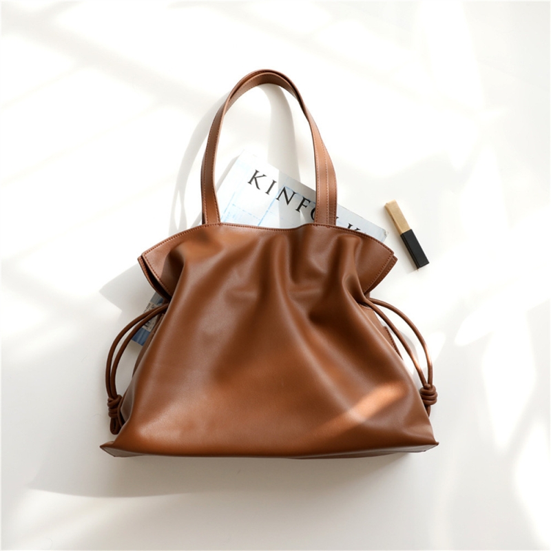 Brown Genuine Leather Drawstring Big Tote Handbags Outgoing Totes For Work