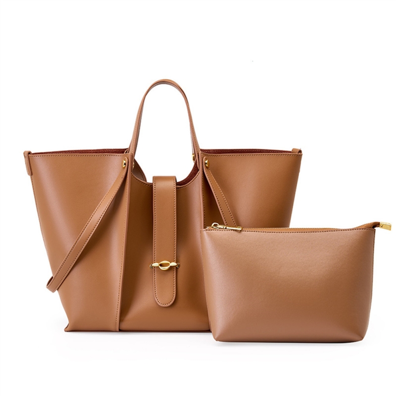 Brown Genuine Leather Fashion Top Handle Big Totes With Inner Pouch
