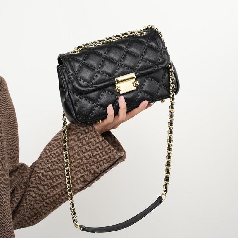 Black Genuine Leather Flap Quilted Bag Crossbody Chain Bags