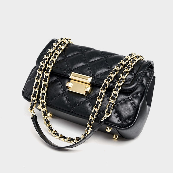 Black Genuine Leather Flap Quilted Bag Crossbody Chain Bags