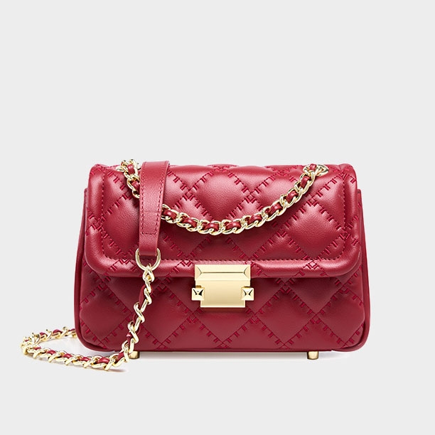 Red Genuine Leather Flap Quilted Bag Crossbody Chain Bags