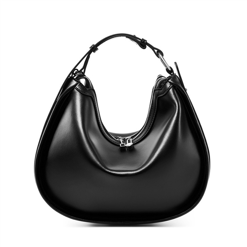 Black Genuine Leather Hobo Bag Retro Crossbody Zip Handbags