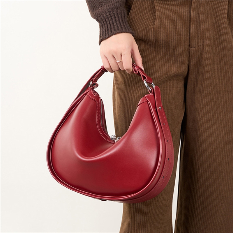 Burgundy Genuine Leather Hobo Bag Retro Crossbody Zip Handbags