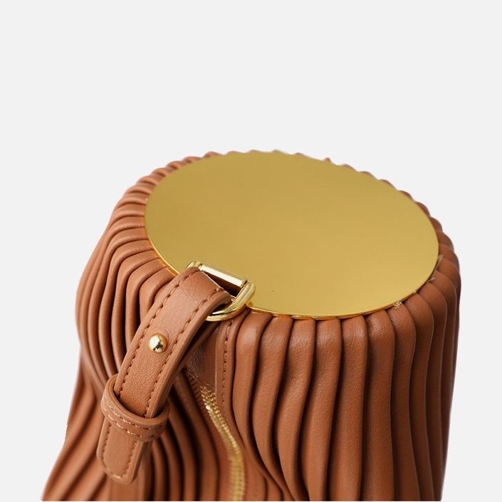 Yellow Genuine Leather Plisse Shoulder Bag Fashion Round Bag