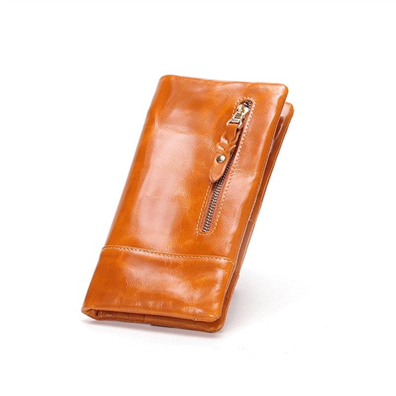 Brown Genuine Leather Retro Long Wallet Big Women's Wallets With Zip