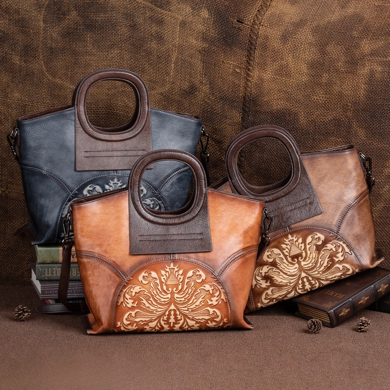 Coffee Genuine Leather Round Handle Vintage Crossbody Embossed Bag