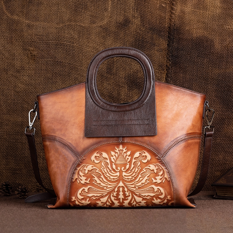Blace Genuine Leather Round Handle Vintage Crossbody Embossed Bag