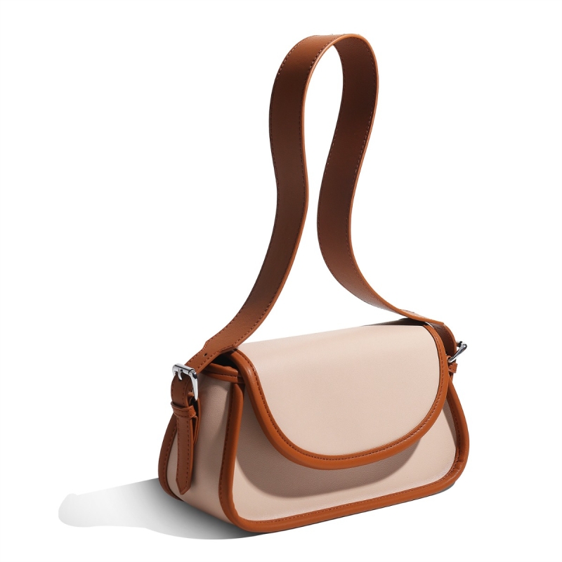 Nude Genuine Leather Shoulder Bag Wide Strap Flap Satchel Bags 