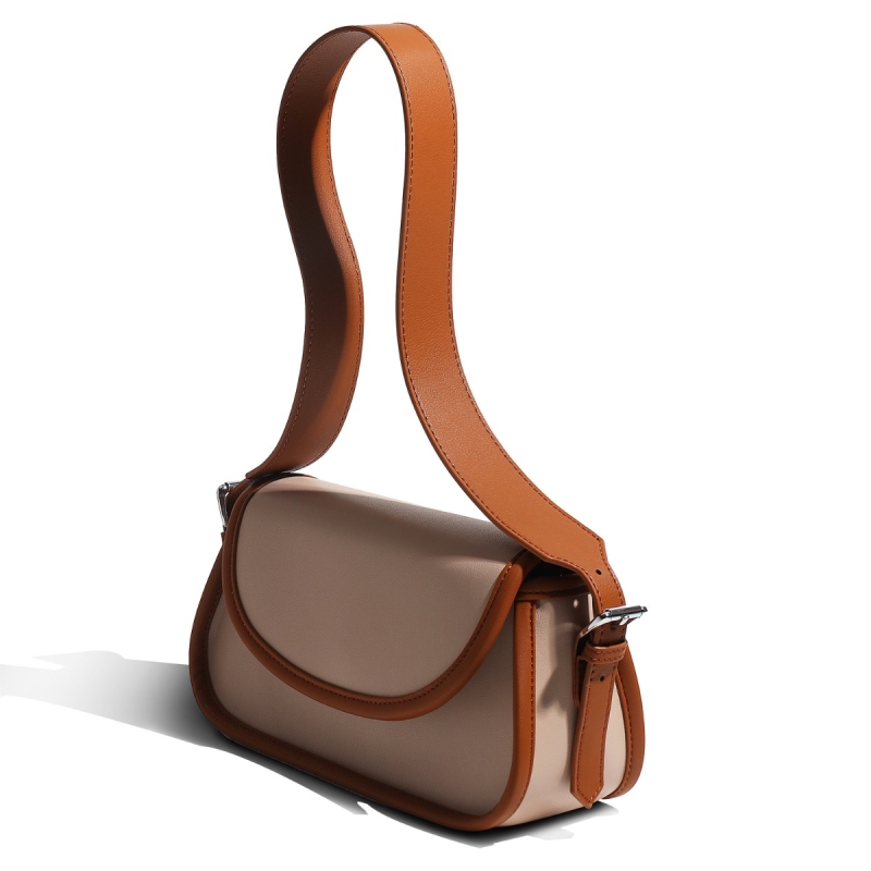 Nude Genuine Leather Shoulder Bag Wide Strap Flap Satchel Bags 