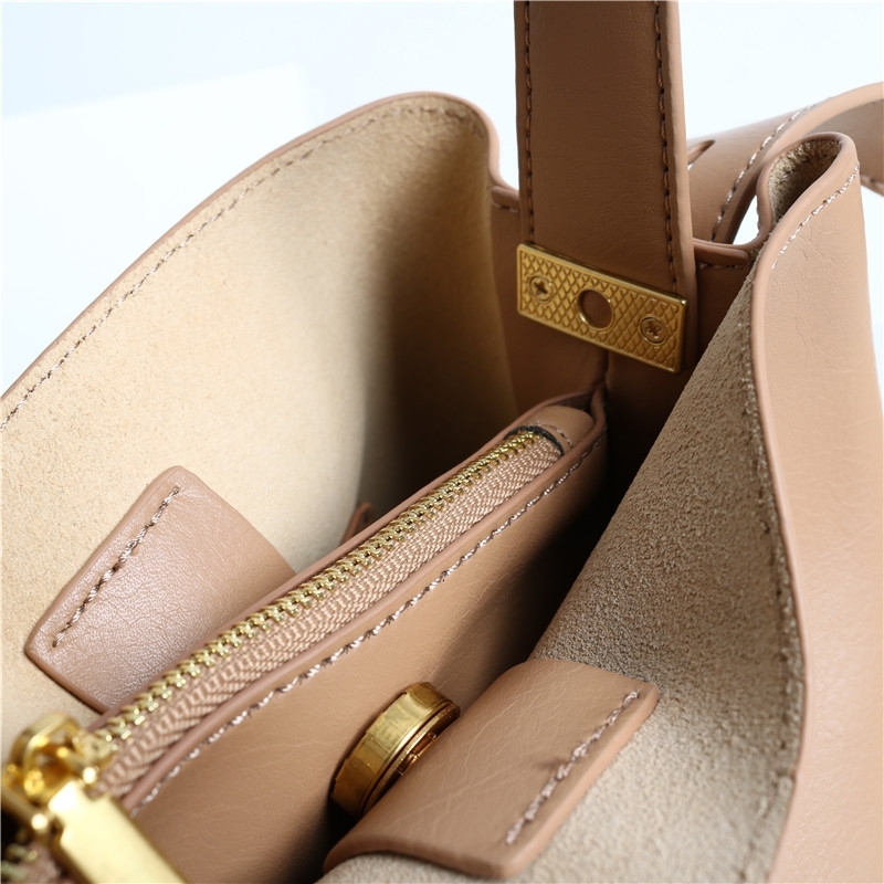 Apricot Genuine Leather Top Handle Minimalist Bucket Bag With Wide Strap