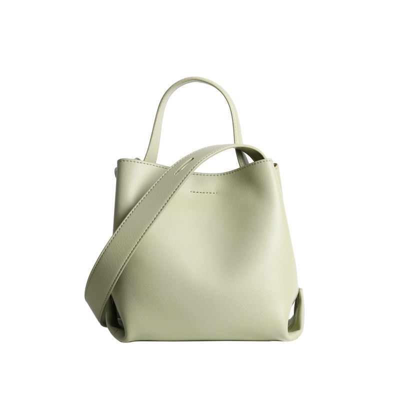 Green Genuine Leather Top Handle Minimalist Bucket Bag With Wide Strap