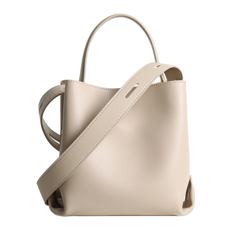 Apricot Genuine Leather Top Handle Minimalist Bucket Bag With Wide