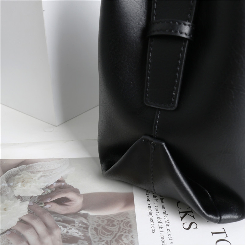 Black Genuine Leather Top Handle Minimalist Bucket Bag With Wide Strap