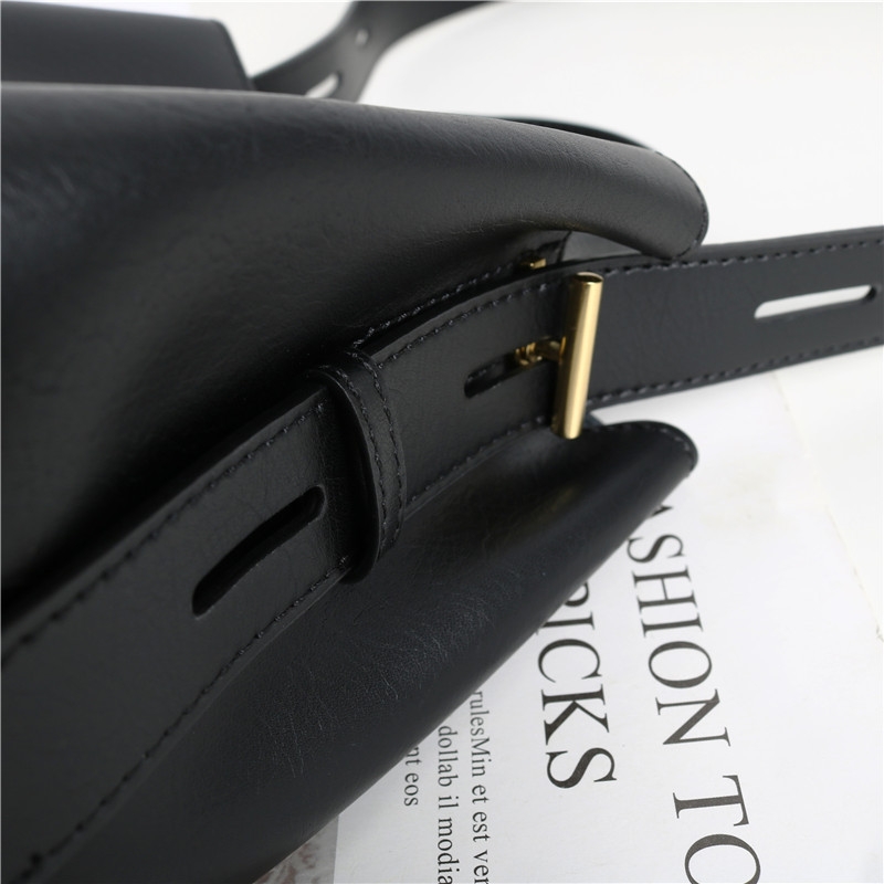 Black Genuine Leather Top Handle Minimalist Bucket Bag With Wide Strap