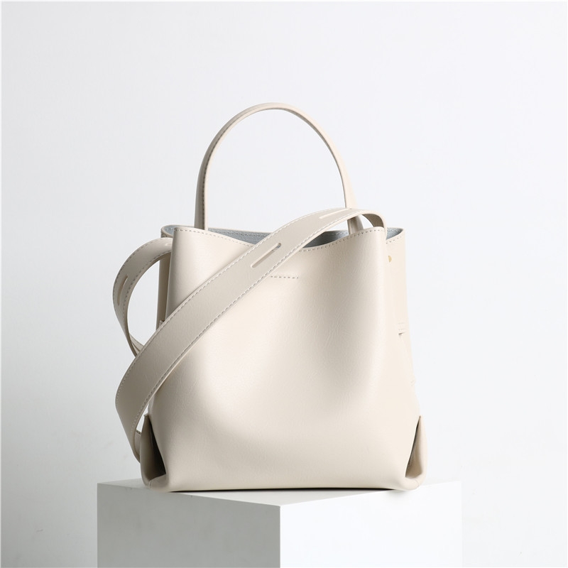 Beige Genuine Leather Top Handle Minimalist Bucket Bag With Wide Strap