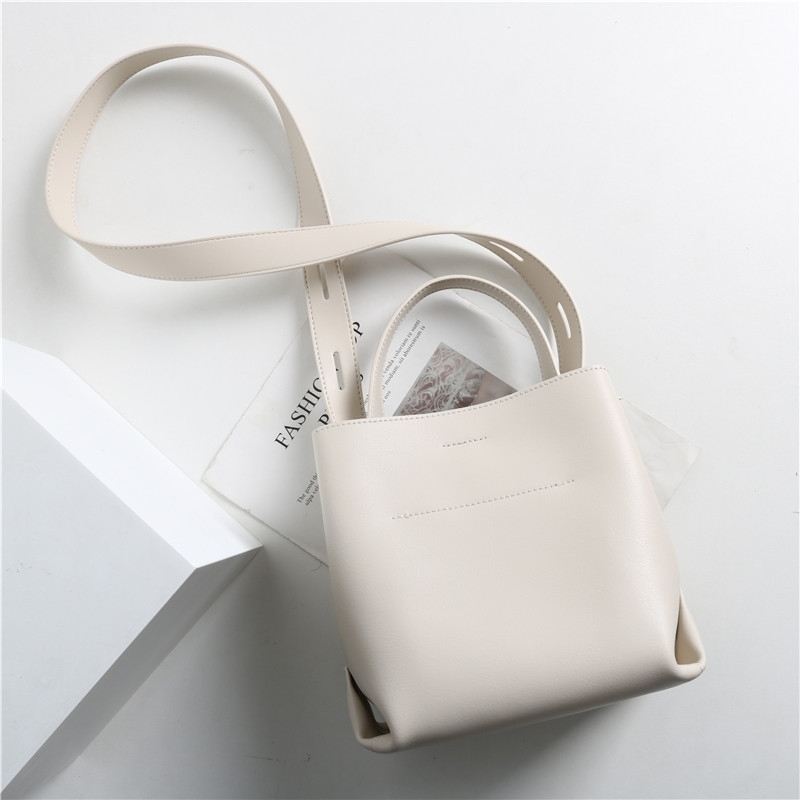 Beige Genuine Leather Top Handle Minimalist Bucket Bag With Wide Strap