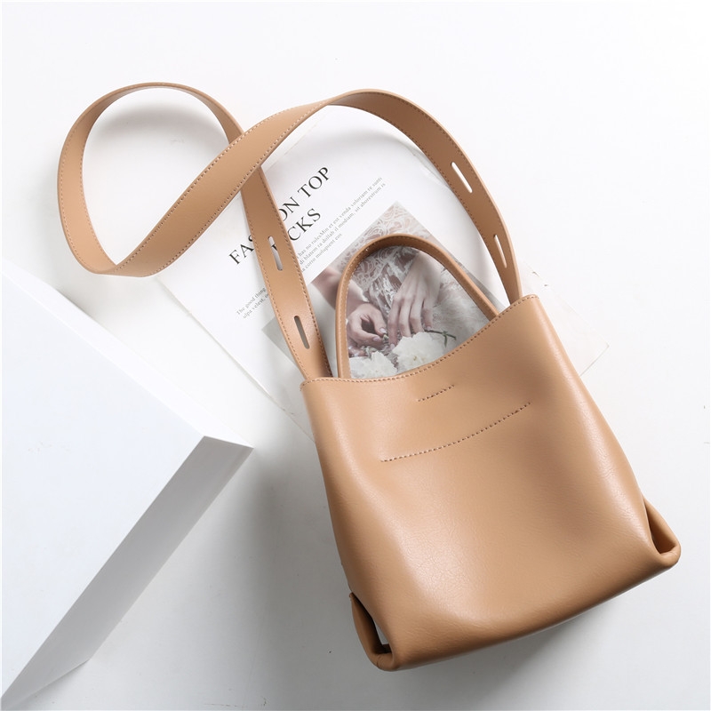 Brown Genuine Leather Top Handle Minimalist Bucket Bag With Wide Strap