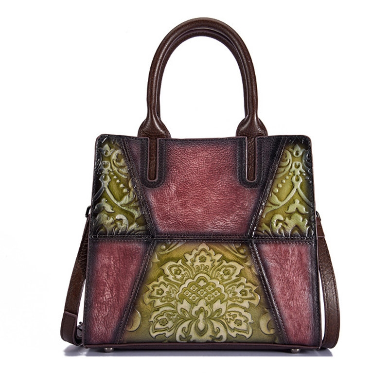 Green Genuine Leather Top Handle Vintage Embroidered Crossbody Handbags