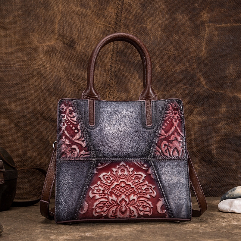 Black&Purple Genuine Leather Top Handle Vinatge Embroidered Crossbody Handbags