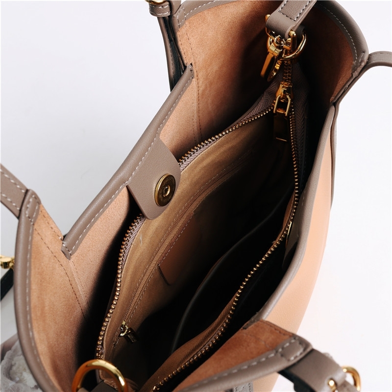 Brown Genuine Leather Tote Bag Top Handle Zip Tote With Inner Pouch