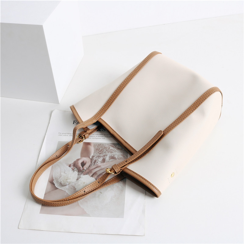 Beige Genuine Leather Tote Bag Top Handle Zip Tote With Inner Pouch
