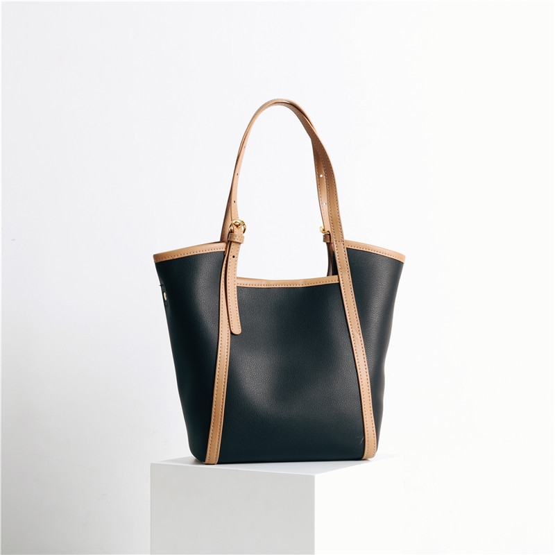 Black Genuine Leather Tote Bag Top Handle Zip Tote With Inner Pouch