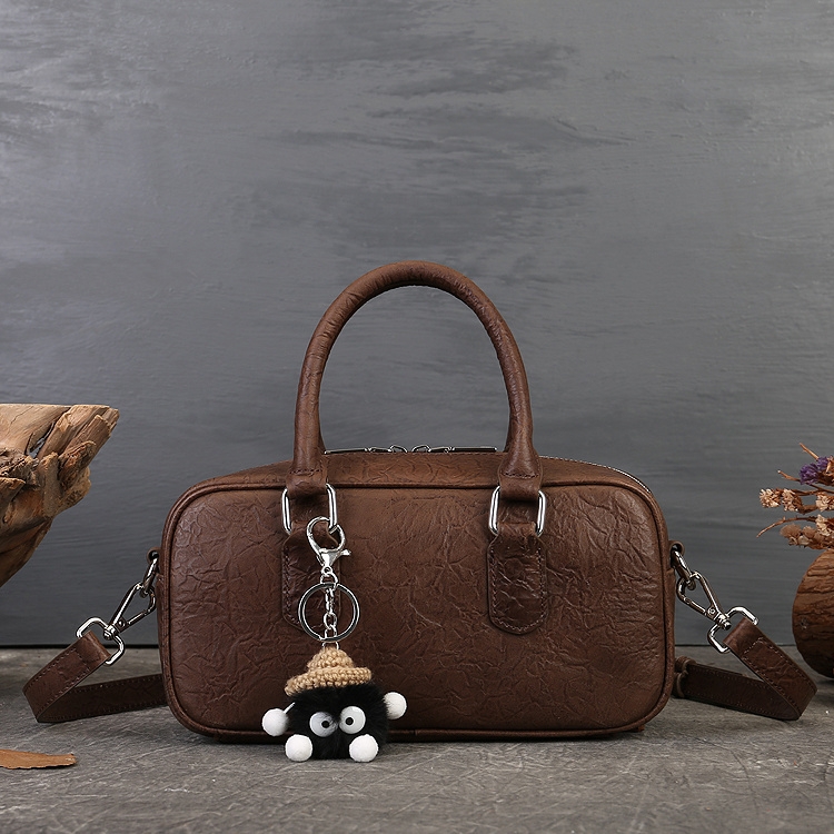 Coffee Genuine Leather Vintage Boston Bag Top Handle Crossbody Bags