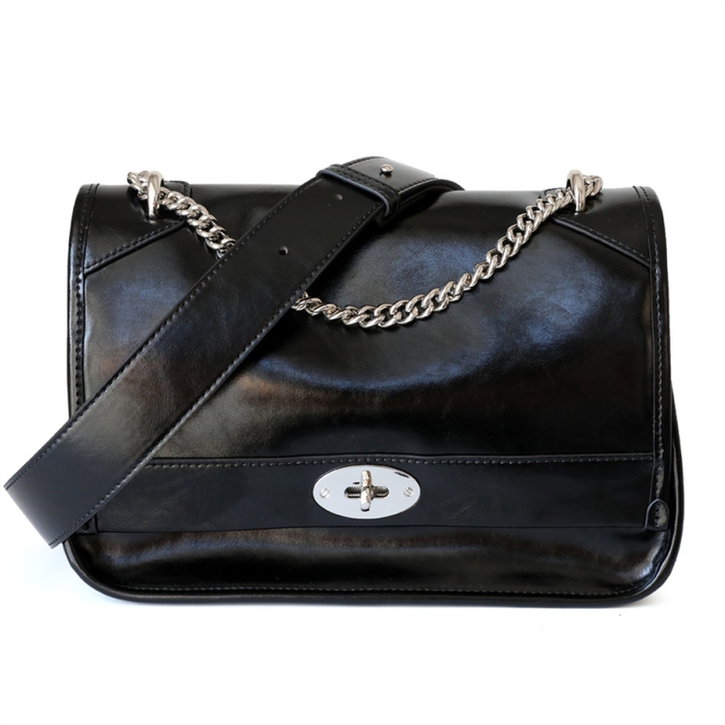 Black Genuine Leather Wide Strap Flap Crossbody Bags With Chain