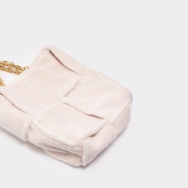Beige Woven Furry Shoulder Bag Large Chain Tote Soft Handbags
