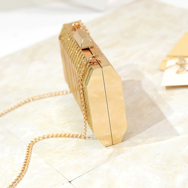 Gold Glitter Stripe Evening Bag Chain Box Clutch Purse